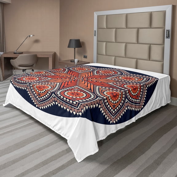 Ambesonne Mandala Flat Sheet, Eastern Boho Medallion Art, King Size, Dark Night Blue Rust