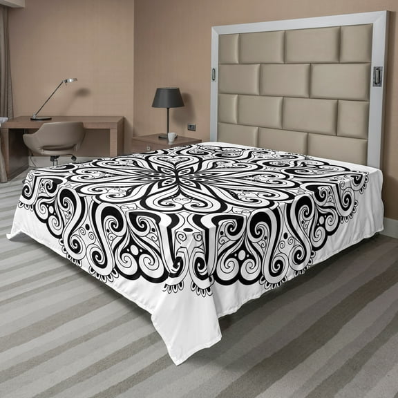 Ambesonne Mandala Flat Sheet, Eastern Cosmos, Full Size, Black White