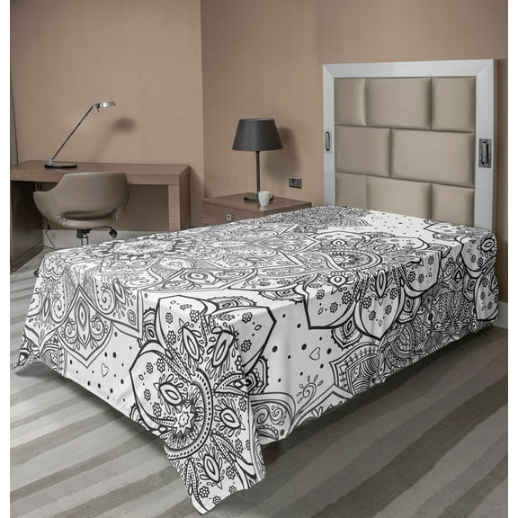 Ambesonne Mandala Flat Sheet, Eastern Lace Floral Image, Twin Size, White and Grey