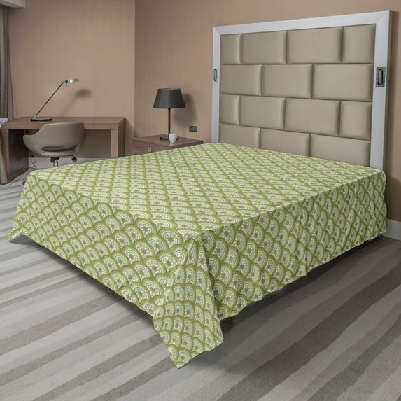 Ambesonne Mandala Flat Sheet, Eastern Yoga Tradition Art, King Size, Pale Olive Green Ivory