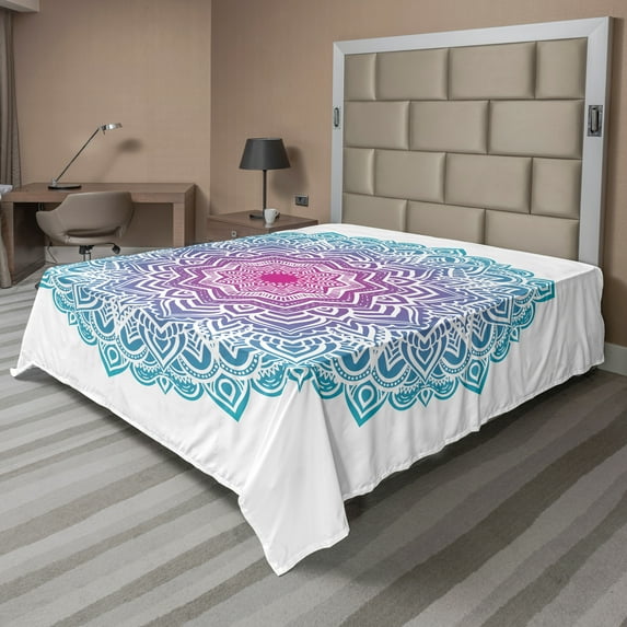 Ambesonne Mandala Flat Sheet, Floral Form, Full Size, White Pink and Blue