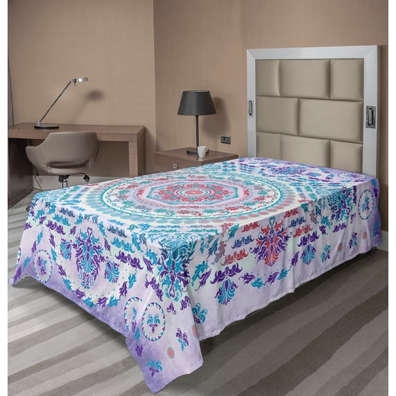 Ambesonne Mandala Flat Sheet, Floral Medallion Design, Twin Size, Turquoise Purple