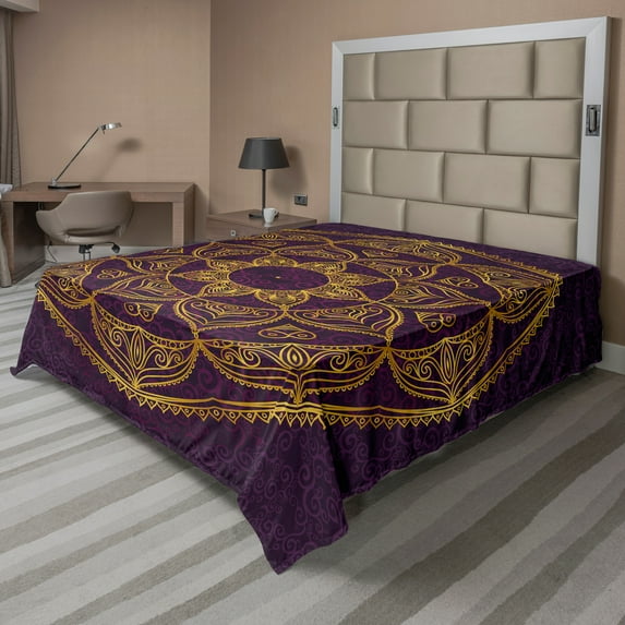 Ambesonne Mandala Flat Sheet, Lace Like Circular, King Size, Purple Earth Yellow