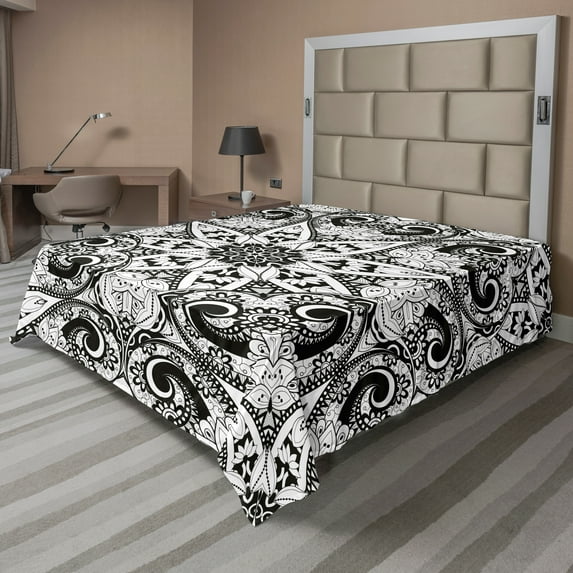Ambesonne Mandala Flat Sheet, Lace Like Lotus Flower Form, Full Size, White and Black