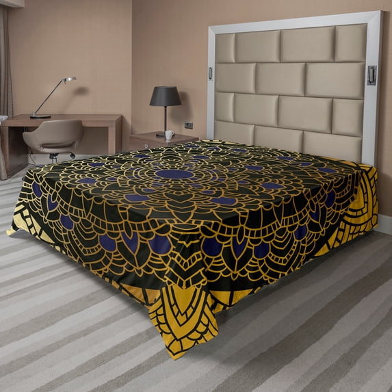 Ambesonne Mandala Flat Sheet, Lotus Inspired Design, Queen Size, Navy Blue Yellow