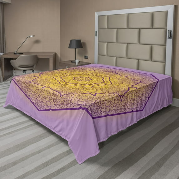 Ambesonne Mandala Flat Sheet, Oriental Heptagon Motif, King Size, Earth Yellow Lavender