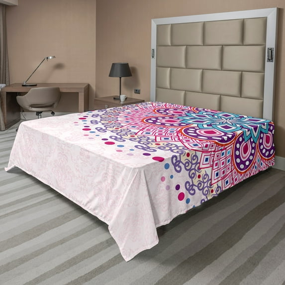 Ambesonne Mandala Flat Sheet, Ornamental, Queen Size, Pale Pink Purple