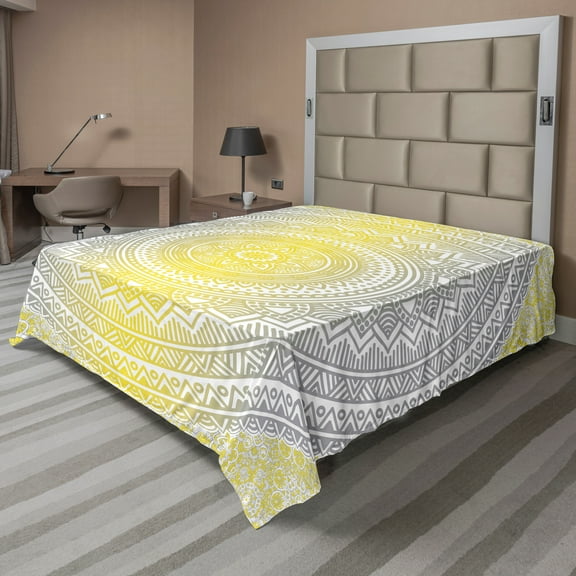 Ambesonne Mandala Flat Sheet, Pale Colored Ombre, California King, Grey Yellow