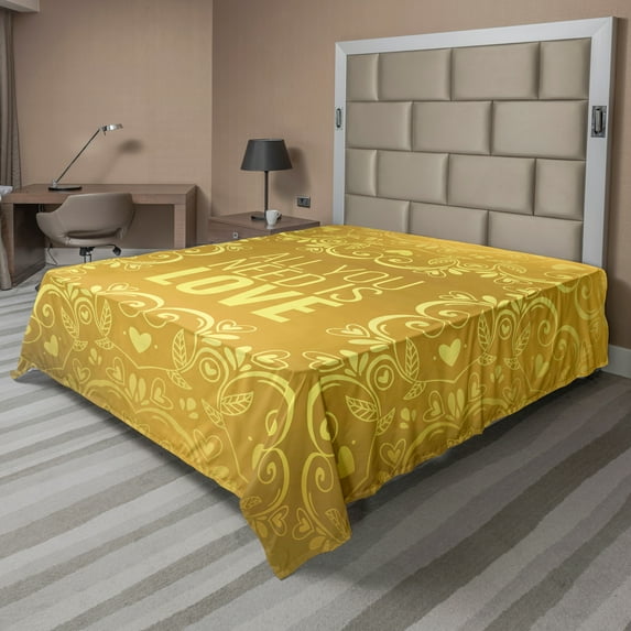 Ambesonne Mandala Flat Sheet, Romantic Words Swirls, Full Size, Yellow