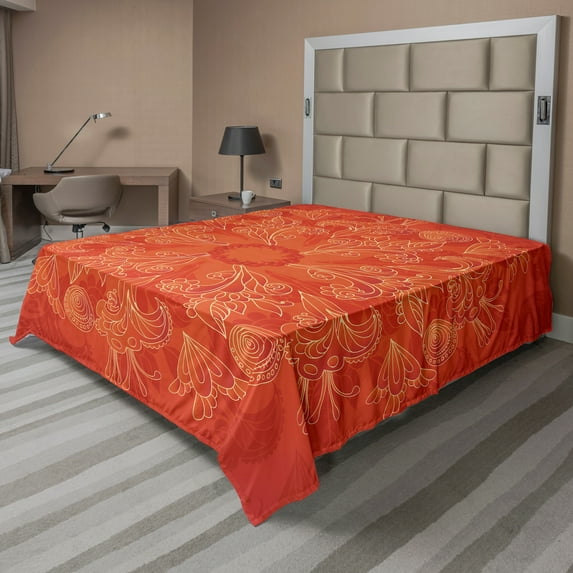 Ambesonne Mandala Flat Sheet, Vibrant Colored Doodle Art, California King, Scarlet Orange