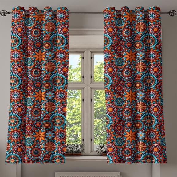 Ambesonne Mandala Grommet Curtain, Circular Nested Floral Form, 50" x 54", Vermilion Ruby Sky Blue