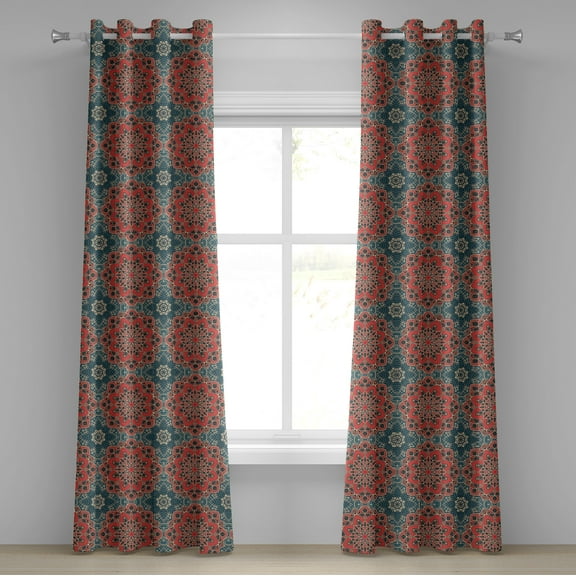 Ambesonne Mandala Grommet Curtain, Culture Flowers, 50" x 96", Dark Coral Slate Blue