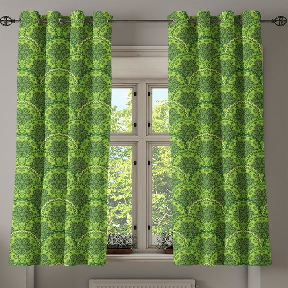Ambesonne Mandala Grommet Curtain, Floral Circles Leaves, 50" x 54", Green Yellow