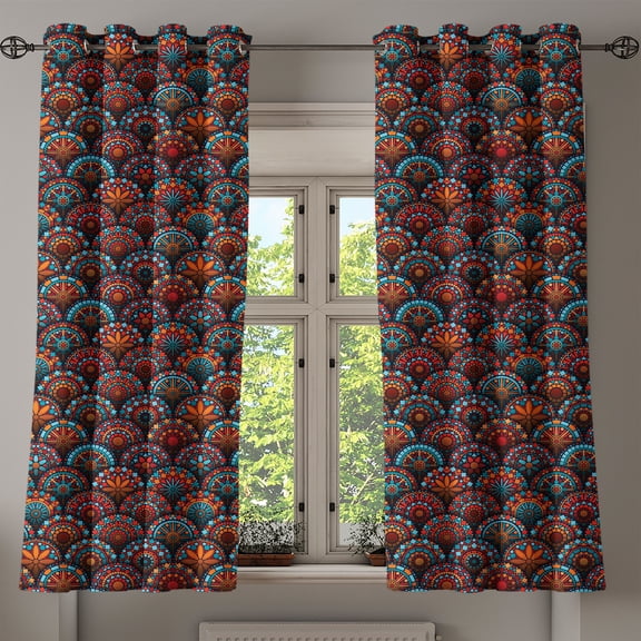 Ambesonne Mandala Grommet Curtain, Geometric Floral Forms, 50" x 54", Scarlet Orange Blue