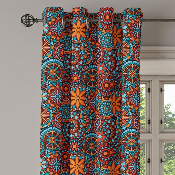 Ambesonne Mandala Grommet Curtain Single Panel, Circular Nested Floral Form, 50"x60", Vermilion Ruby Sky Blue
