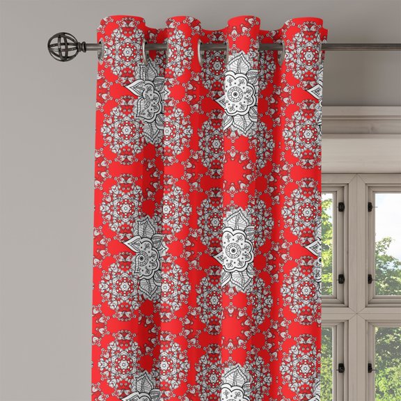 Ambesonne Mandala Grommet Curtain Single Panel, Psychedelic Floral Form, 50"x60", Scarlet White Black