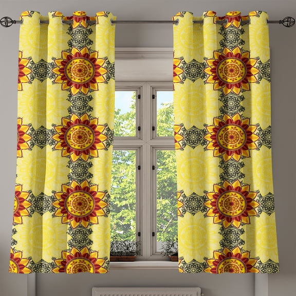 Ambesonne Mandala Grommet Curtain, Vibrant Yellow, 50" x 54", Yellow Black Ruby