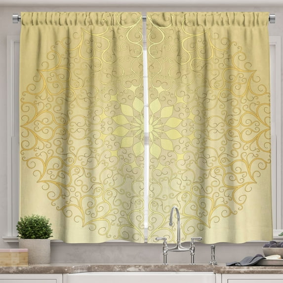 Ambesonne Mandala Kitchen Curtains, Antique Heart, 55"x39", Yellow Pale Yellow