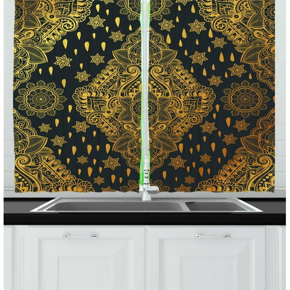 Ambesonne Mandala Kitchen Curtains, Boho Paisley Folklore, 55"x45", Charcoal Grey Mustard