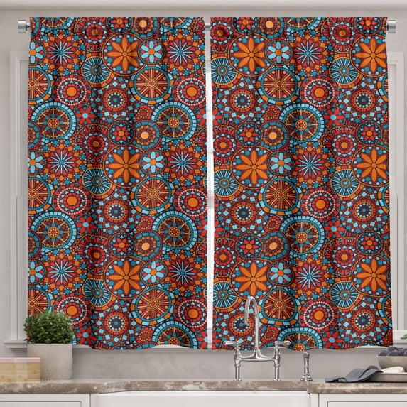 Ambesonne Mandala Kitchen Curtains, Circular Nested Floral Form, 55"x39", Vermilion Ruby Sky Blue