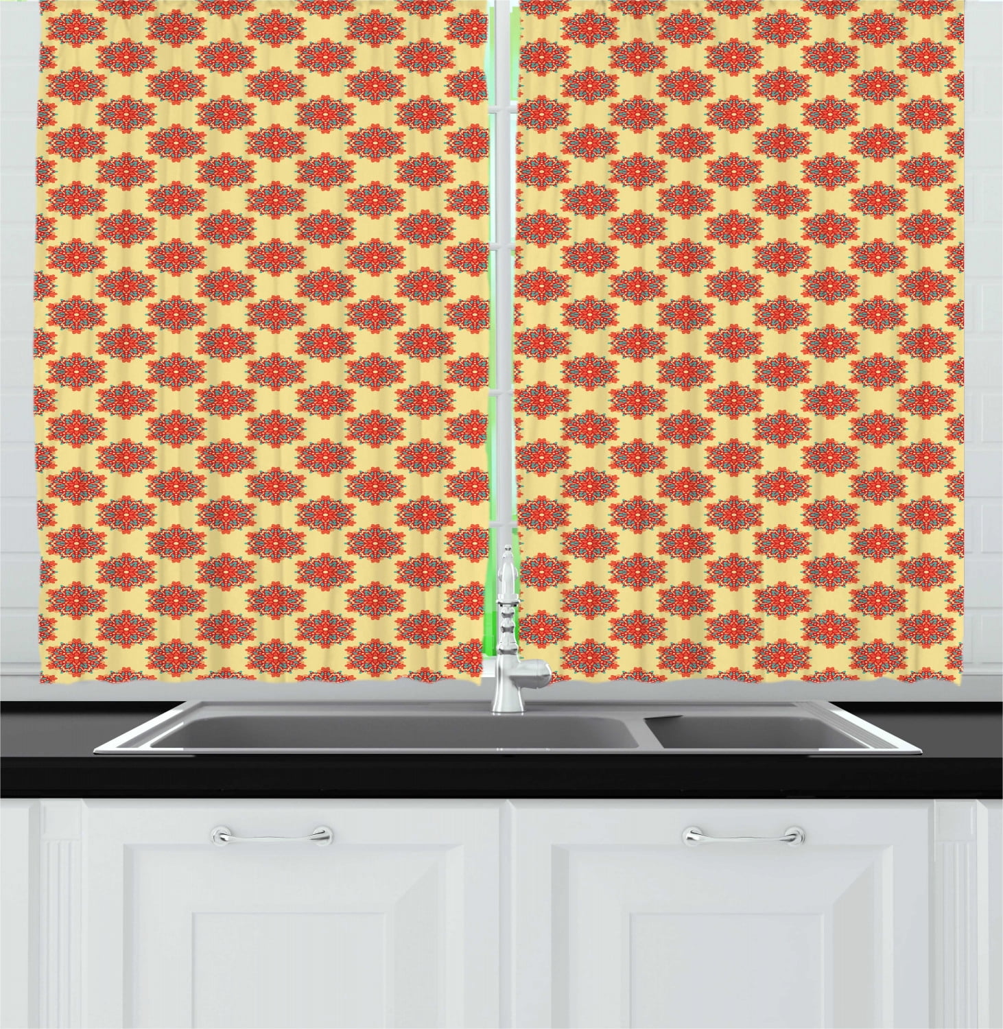 Floral Multicolor Polyester Light-Filtering Kitchen Curtain Set