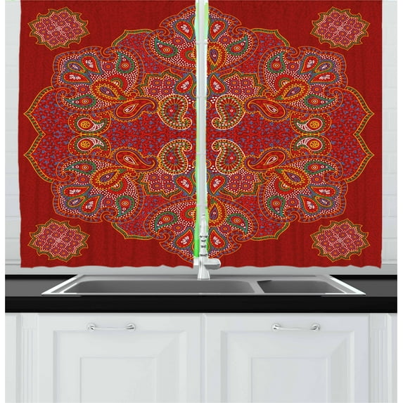 Ambesonne Mandala Kitchen Curtains, Moroccan Persian Design, 55"x39", Burgundy White
