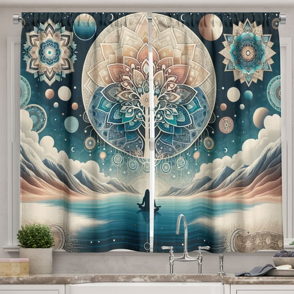 Ambesonne Mandala Kitchen Curtains, Mystic Lands Arcane World, 55"x39", Dark Turquoise and Peach