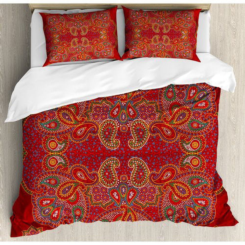 Queen Red and Blue Satin Paisley Duvet Cover Set