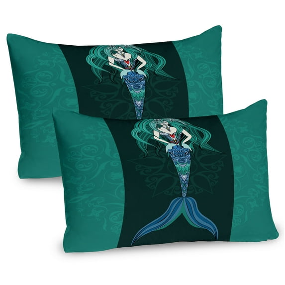 Ambesonne Mandala Pillow Sham 2 Pack, Hand Drawn Mermaid, 30"x20", Violet Blue Jade Green