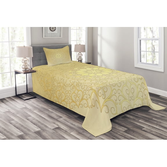 Ambesonne Mandala Quilted Bedspread Set 2 Pcs, Antique Heart, Twin Size, Yellow Pale Yellow