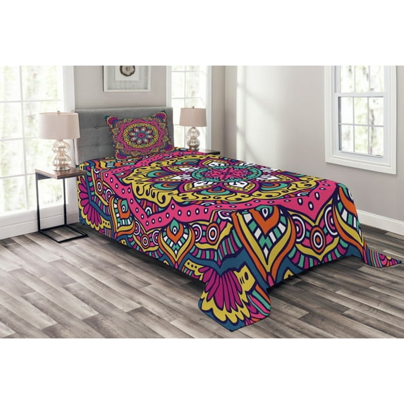 Ambesonne Mandala Quilted Bedspread Set 2 Pcs, Colorful Floral Motif, Twin Size, Multicolor White