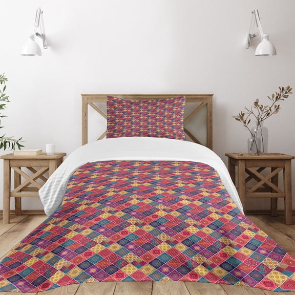 Ambesonne Mandala Quilted Bedspread Set 2 Pcs, Diamond Squares Pattern, Twin Size, Multicolor