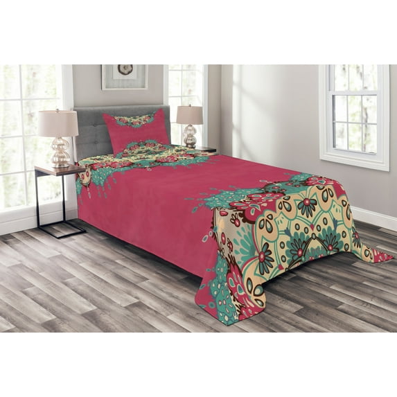 Ambesonne Mandala Quilted Bedspread Set 2 Pcs, Eastern Boho Floral, Twin Size, Multicolor