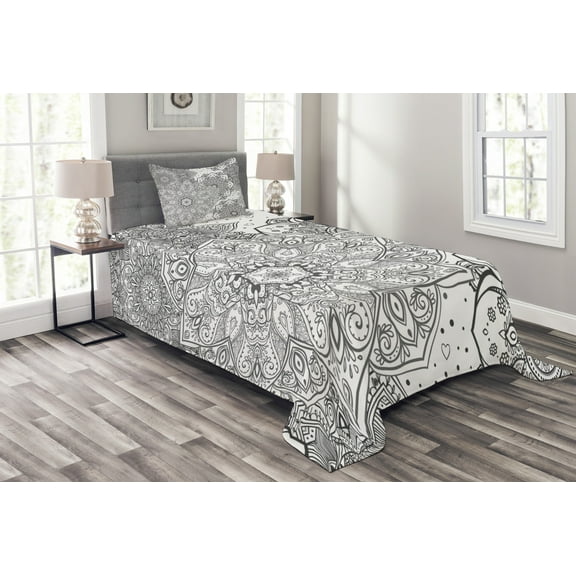 Ambesonne Mandala Quilted Bedspread Set 2 Pcs, Eastern Lace Floral Image, Twin Size, White and Grey
