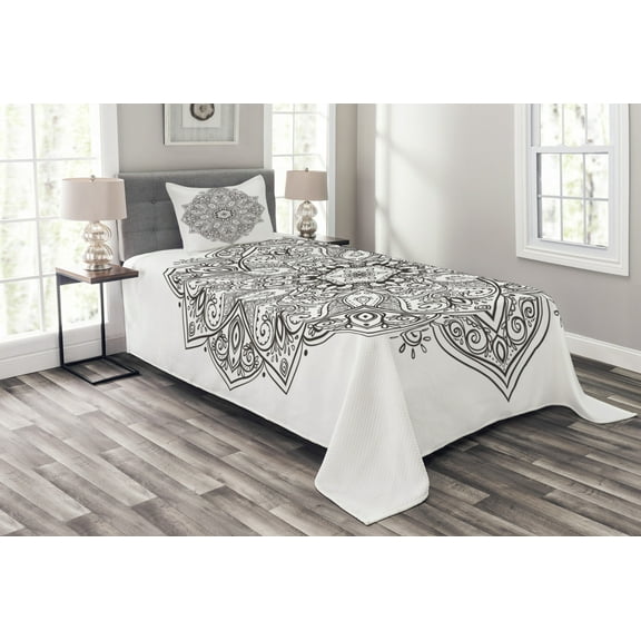 Ambesonne Mandala Quilted Bedspread Set 2 Pcs, Eastern Psychedelic, Twin Size, White Charcoal Grey
