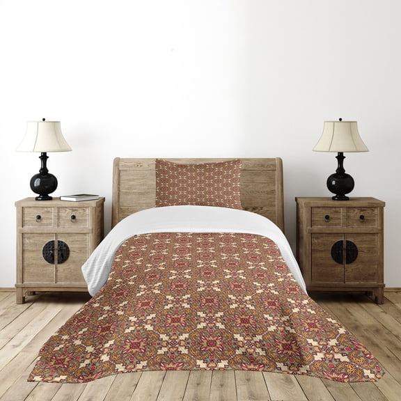 Ambesonne Mandala Quilted Bedspread Set 2 Pcs, Flora Leaves, Twin Size, Pale Orange Dark Coral