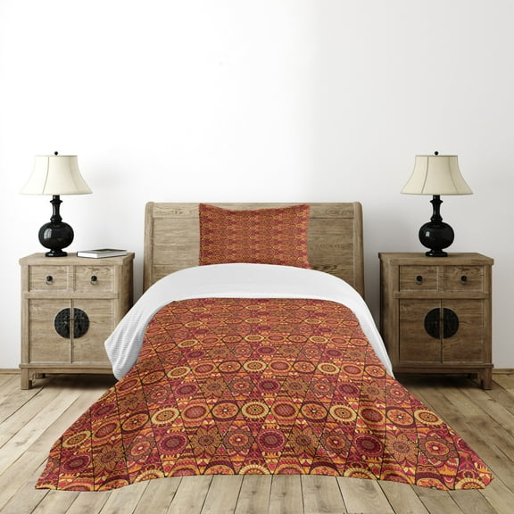Ambesonne Mandala Quilted Bedspread Set 2 Pcs, Floral Boho Geometric, Twin Size, Multicolor