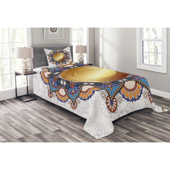 Ambesonne Mandala Quilted Bedspread Set 2 Pcs, Floral Boho, Twin Size, Multicolor