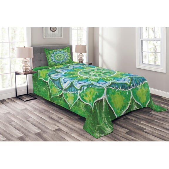 Ambesonne Mandala Quilted Bedspread Set 2 Pcs, Leaf Forms Nature, Twin Size, Green Blue