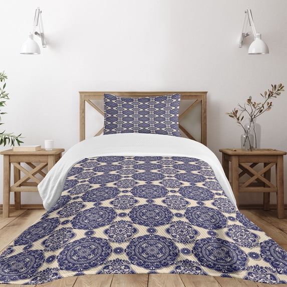 Ambesonne Mandala Quilted Bedspread Set 2 Pcs, Medieval Exotic Revival, Twin Size, Beige Navy Blue