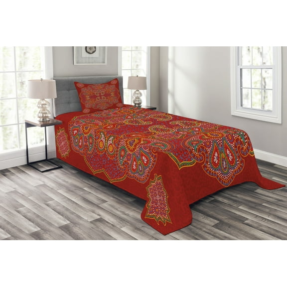 Ambesonne Mandala Quilted Bedspread Set 2 Pcs, Moroccan Persian Design, Twin Size, Burgundy White