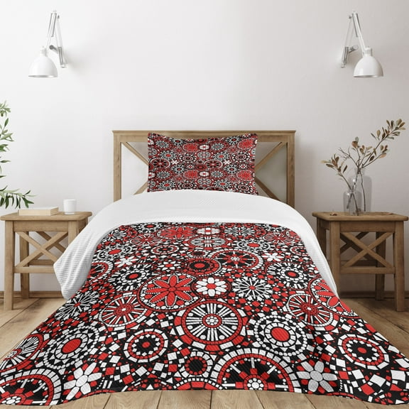 Ambesonne Mandala Quilted Bedspread Set 2 Pcs, Oriental Flower Mosaic Art, Twin Size, Orange White Black