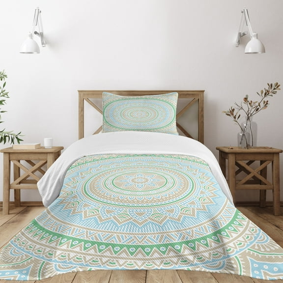 Ambesonne Mandala Quilted Bedspread Set 2 Pcs, Oriental Motif Pastel Tone, Twin Size, Pale Blue Pale Sepia