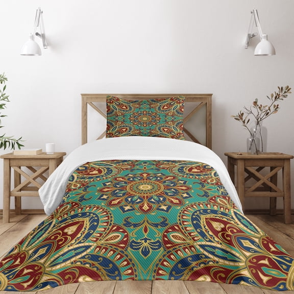 Ambesonne Mandala Quilted Bedspread Set 2 Pcs, Oriental, Twin Size, Teal Indigo Ruby