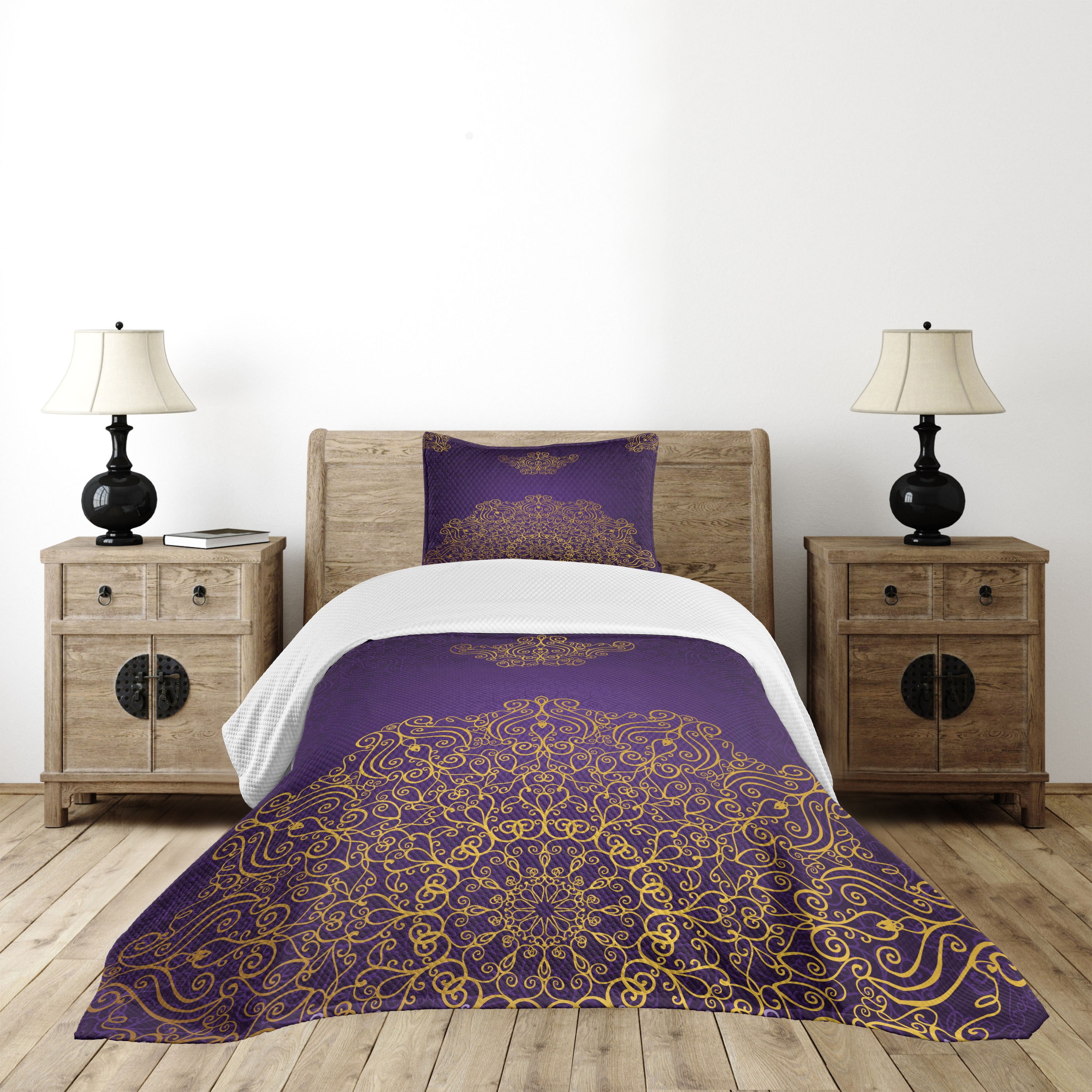 Twin Quilted Bedspread Set with Ornate Purple and Gold Motif