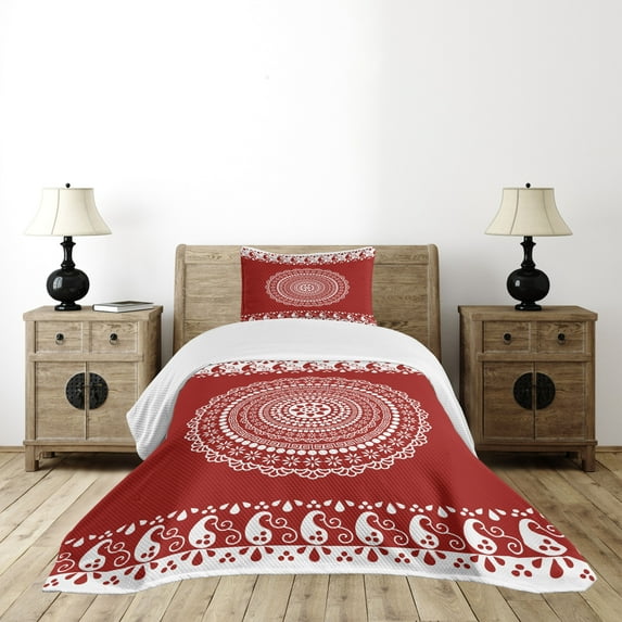 Ambesonne Mandala Quilted Bedspread Set 2 Pcs, Paisley Side Border Design, Twin Size, Burgundy White