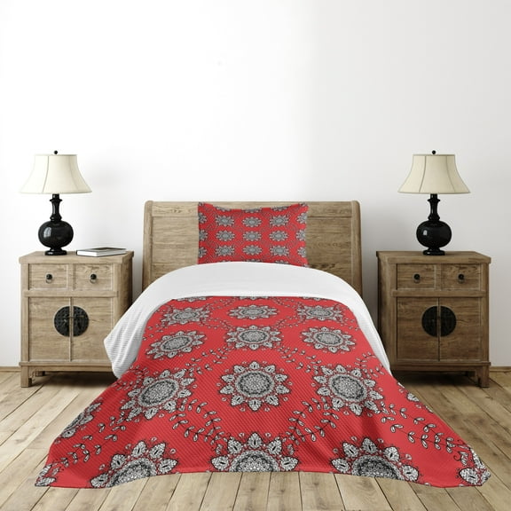 Ambesonne Mandala Quilted Bedspread Set 2 Pcs, Sketchy Leaves Swirl Art, Twin Size, Vermilion White