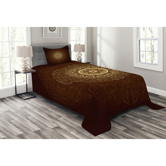 Ambesonne Mandala Quilted Bedspread Set 2 Pcs, Spiritiual Culture, Twin Size, Chestnut Brown Yellow
