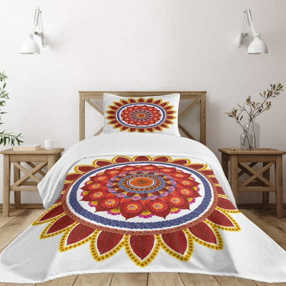 Ambesonne Mandala Quilted Bedspread Set 2 Pcs, Summer Flowers Joy Art, Twin Size, Multicolor