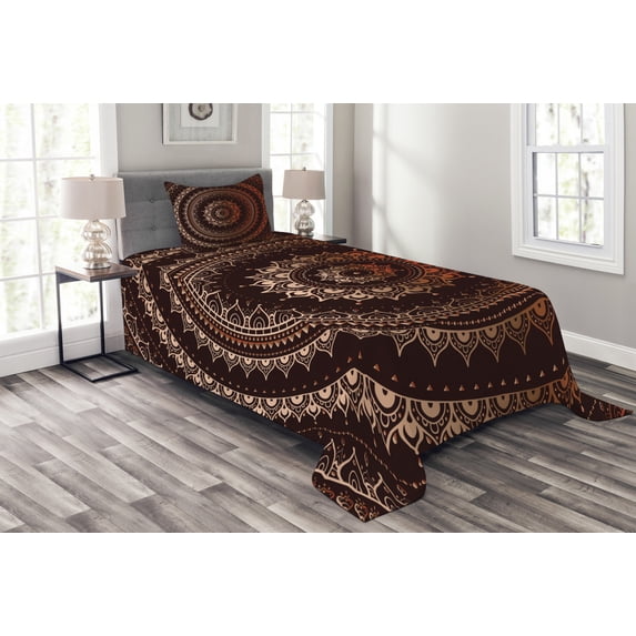 Ambesonne Mandala Quilted Bedspread Set 2 Pcs, Universe, Twin Size, Chestnut Brown